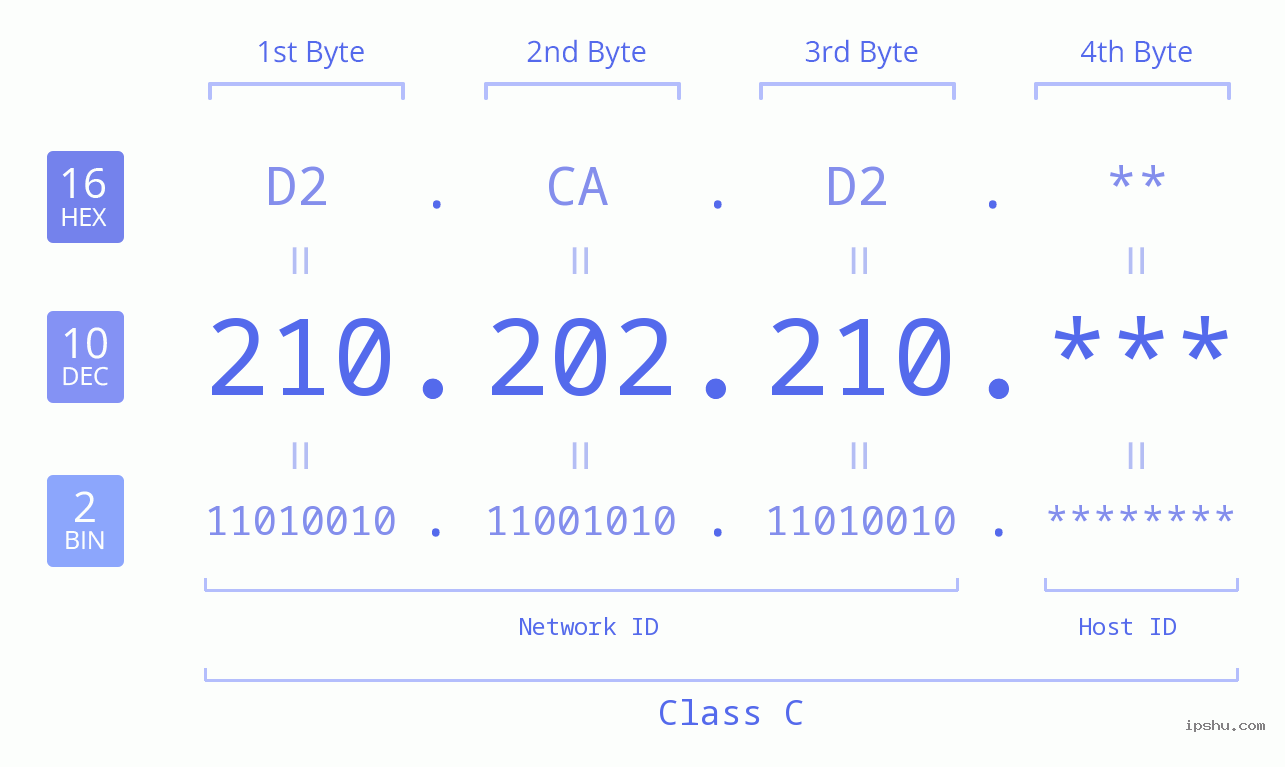IP Address: 210.202.210 Data Structure Chart BIN DEC HEX IPv4: 210.202.210 Network Class, Net ID, Host ID