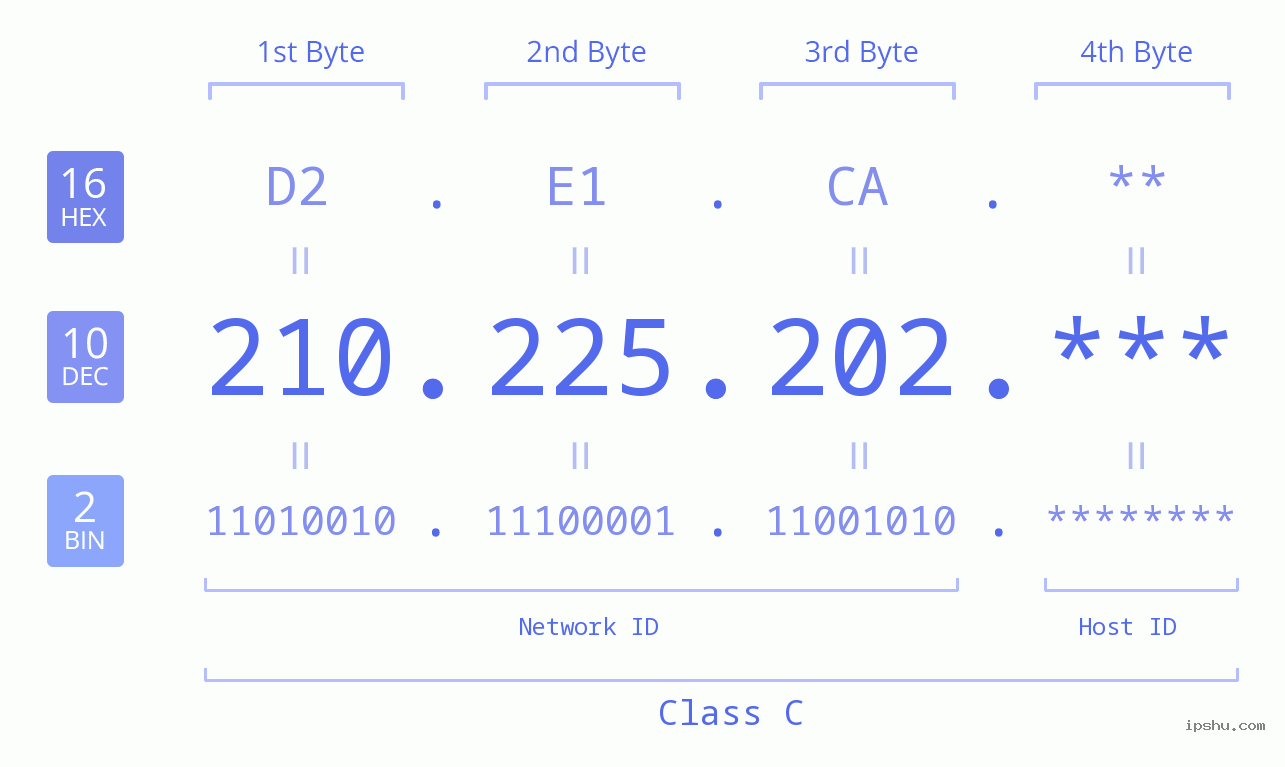 IP Address: 210.225.202 Data Structure Chart BIN DEC HEX IPv4: 210.225.202 Network Class, Net ID, Host ID