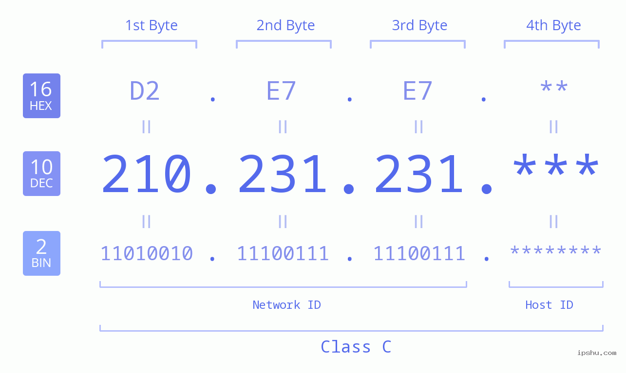 IP Address: 210.231.231 Data Structure Chart BIN DEC HEX IPv4: 210.231.231 Network Class, Net ID, Host ID