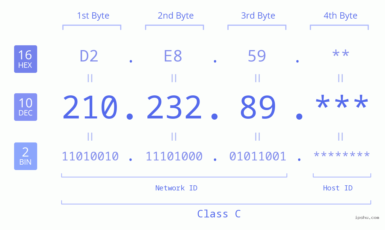 IP Address: 210.232.89 Data Structure Chart BIN DEC HEX IPv4: 210.232.89 Network Class, Net ID, Host ID