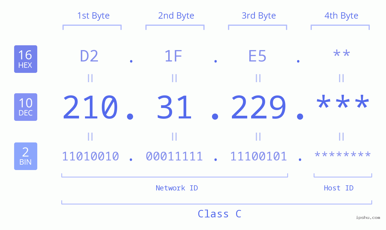 IP Address: 210.31.229 Data Structure Chart BIN DEC HEX IPv4: 210.31.229 Network Class, Net ID, Host ID