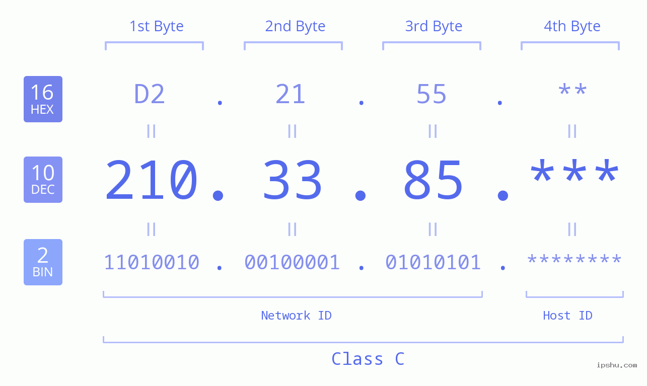IP Address: 210.33.85 Data Structure Chart BIN DEC HEX IPv4: 210.33.85 Network Class, Net ID, Host ID