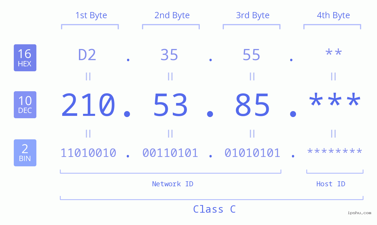 IP Address: 210.53.85 Data Structure Chart BIN DEC HEX IPv4: 210.53.85 Network Class, Net ID, Host ID