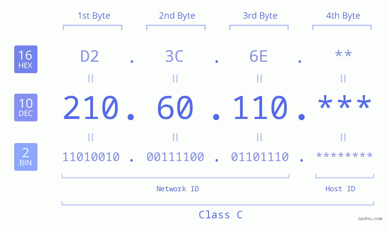IP Address: 210.60.110 Data Structure Chart BIN DEC HEX IPv4: 210.60.110 Network Class, Net ID, Host ID