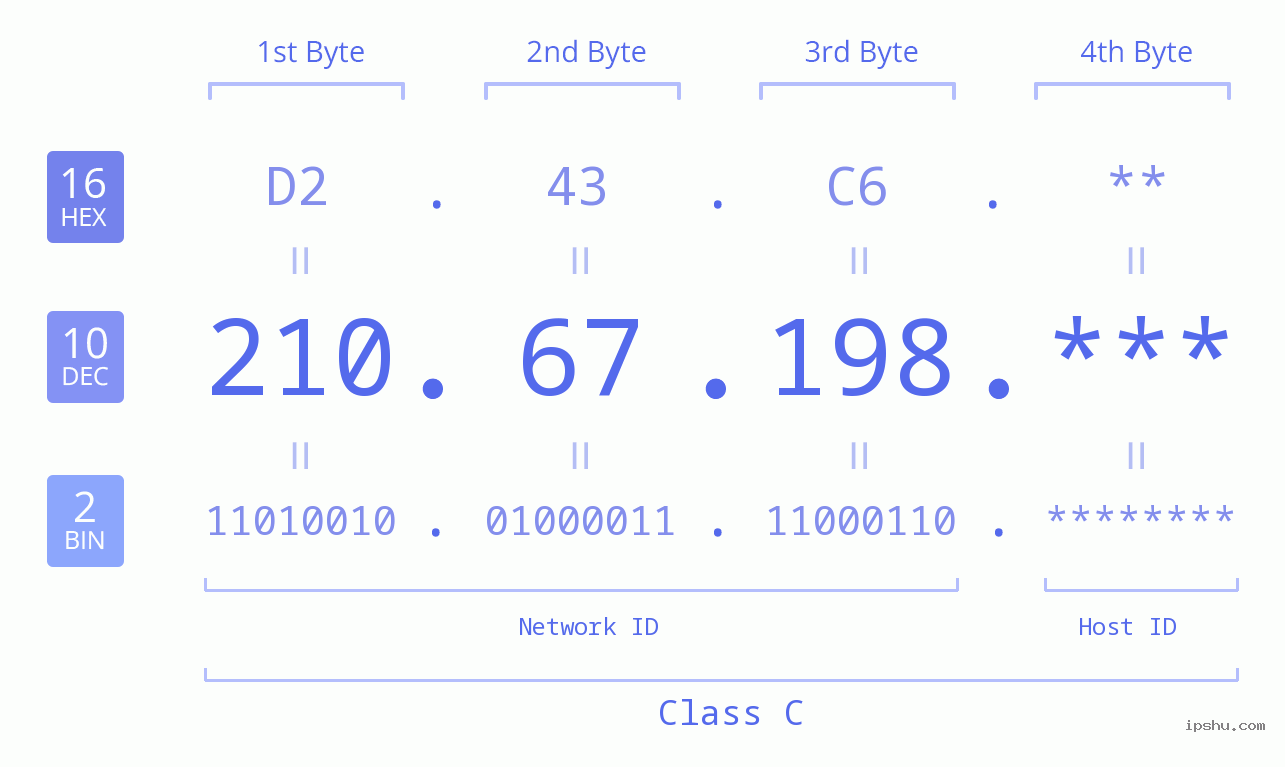 IP Address: 210.67.198 Data Structure Chart BIN DEC HEX IPv4: 210.67.198 Network Class, Net ID, Host ID