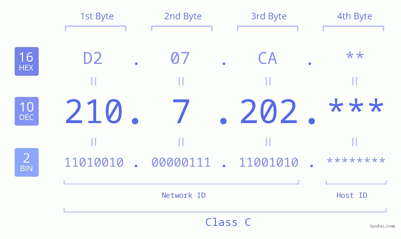 IP Address: 210.7.202 Data Structure Chart BIN DEC HEX IPv4: 210.7.202 Network Class, Net ID, Host ID