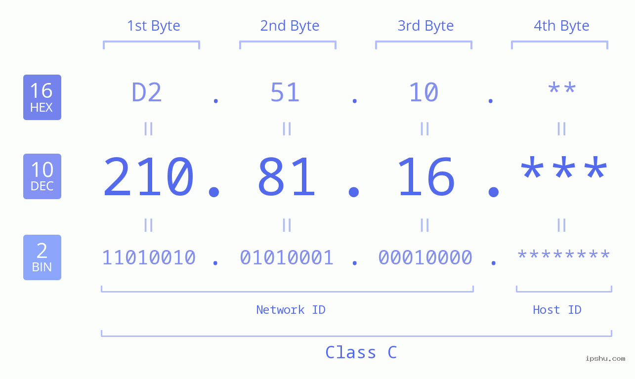 IP Address: 210.81.16 Data Structure Chart BIN DEC HEX IPv4: 210.81.16 Network Class, Net ID, Host ID