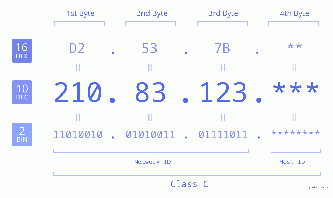 IP Address: 210.83.123 Data Structure Chart BIN DEC HEX IPv4: 210.83.123 Network Class, Net ID, Host ID