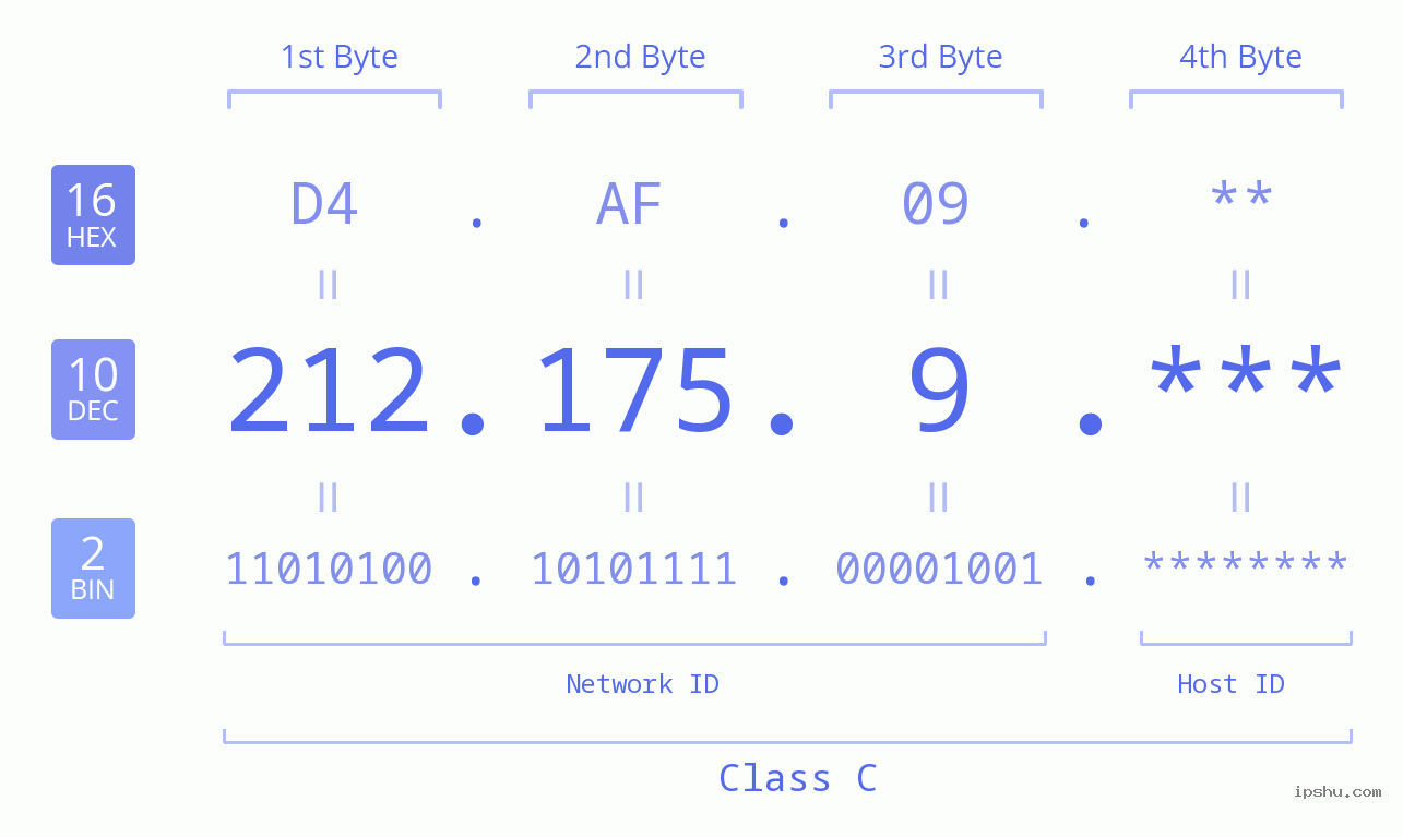 IP Address: 212.175.9 Data Structure Chart BIN DEC HEX IPv4: 212.175.9 Network Class, Net ID, Host ID