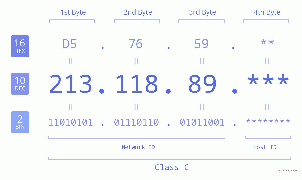 IP Address: 213.118.89 Data Structure Chart BIN DEC HEX IPv4: 213.118.89 Network Class, Net ID, Host ID