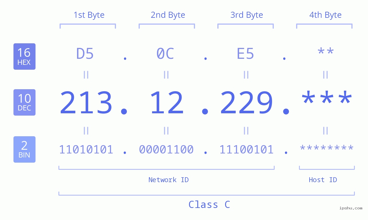 IP Address: 213.12.229 Data Structure Chart BIN DEC HEX IPv4: 213.12.229 Network Class, Net ID, Host ID