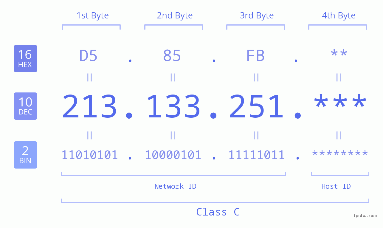 IP Address: 213.133.251 Data Structure Chart BIN DEC HEX IPv4: 213.133.251 Network Class, Net ID, Host ID
