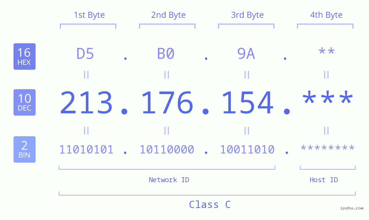IP Address: 213.176.154 Data Structure Chart BIN DEC HEX IPv4: 213.176.154 Network Class, Net ID, Host ID
