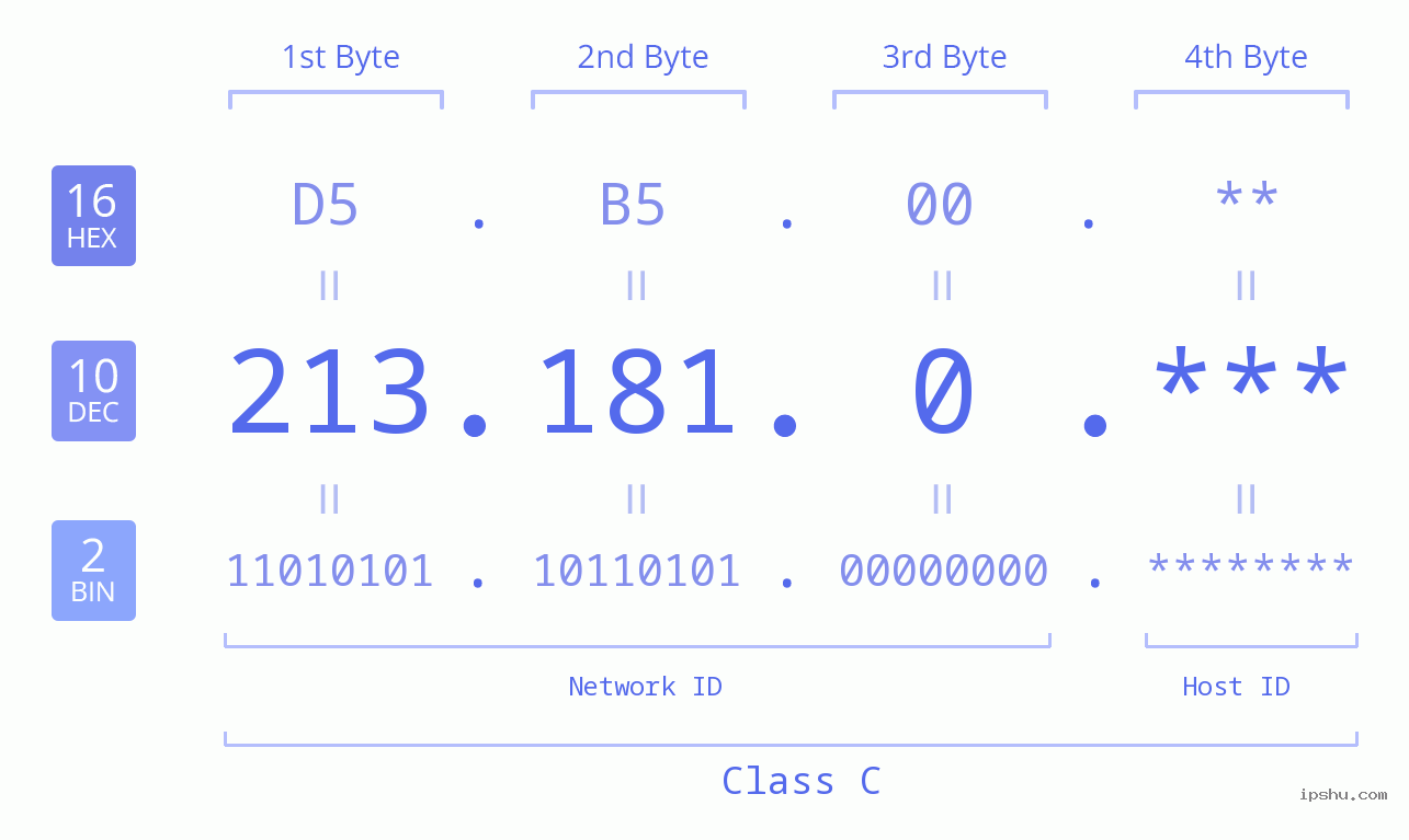 IP Address: 213.181.0 Data Structure Chart BIN DEC HEX IPv4: 213.181.0 Network Class, Net ID, Host ID