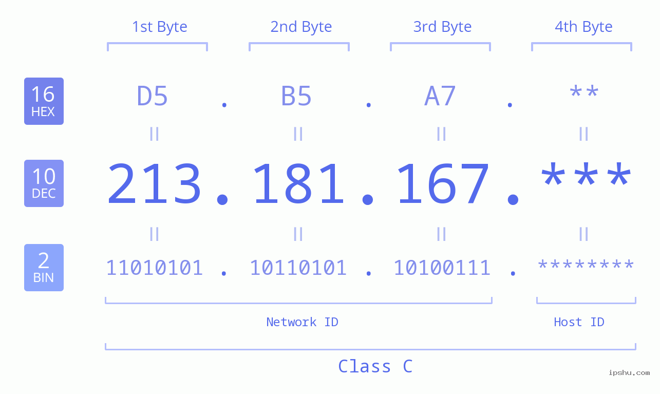 IP Address: 213.181.167 Data Structure Chart BIN DEC HEX IPv4: 213.181.167 Network Class, Net ID, Host ID