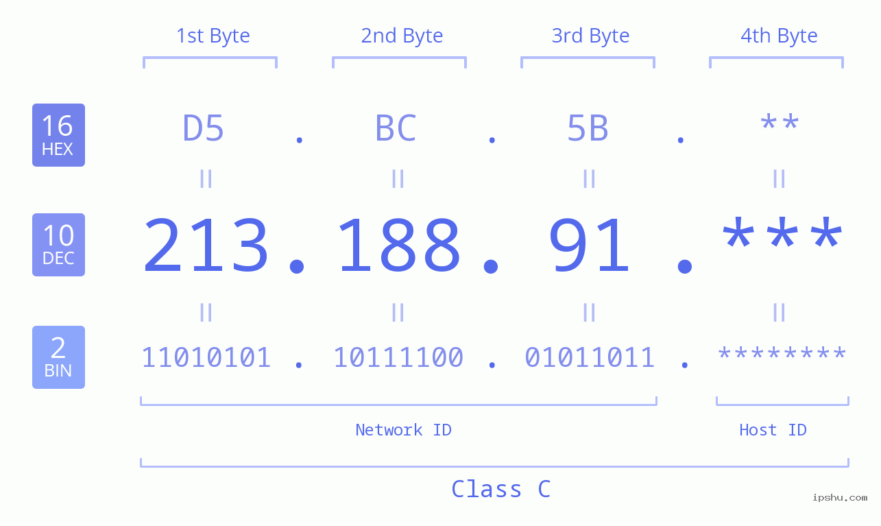 IP Address: 213.188.91 Data Structure Chart BIN DEC HEX IPv4: 213.188.91 Network Class, Net ID, Host ID