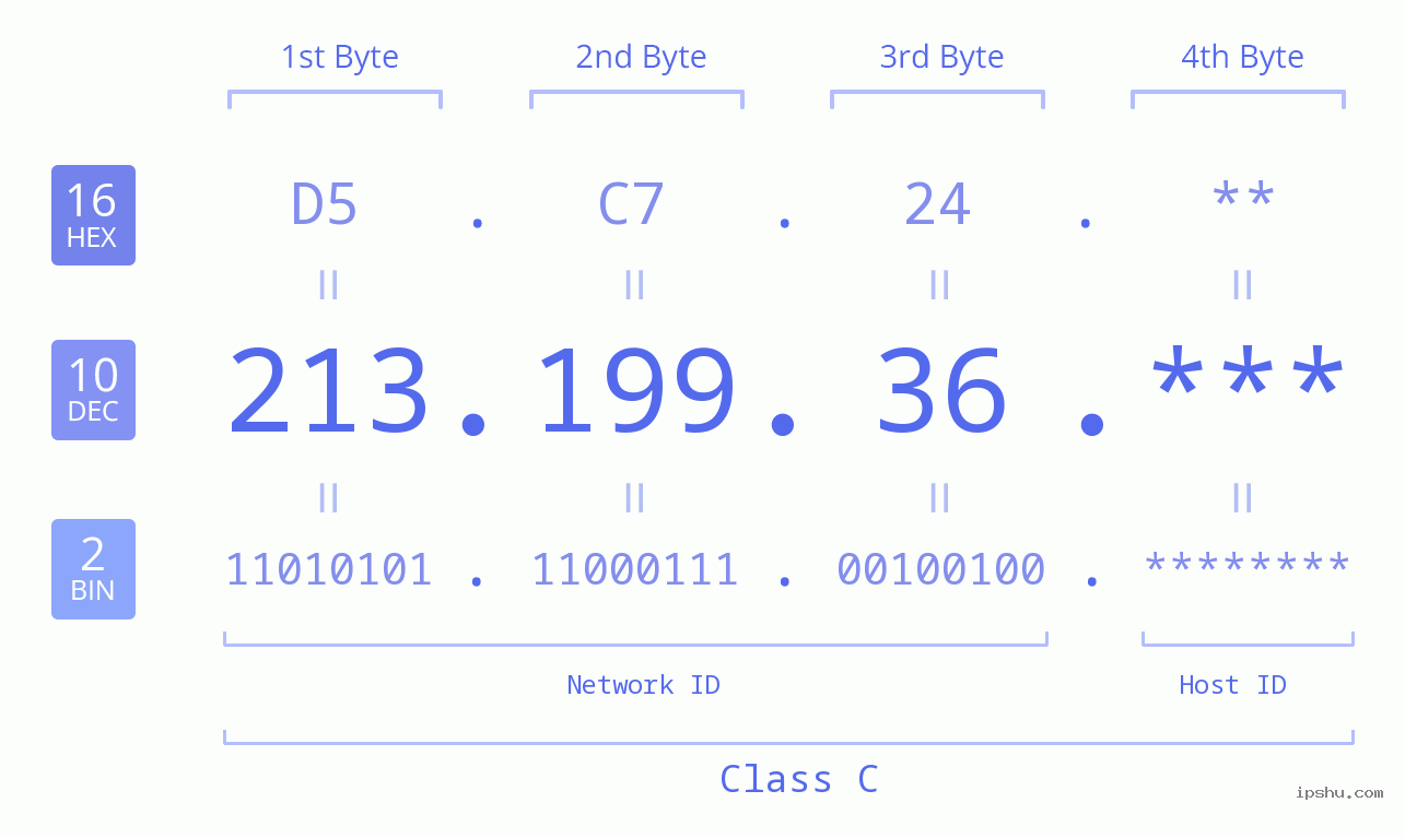 IP Address: 213.199.36 Data Structure Chart BIN DEC HEX IPv4: 213.199.36 Network Class, Net ID, Host ID