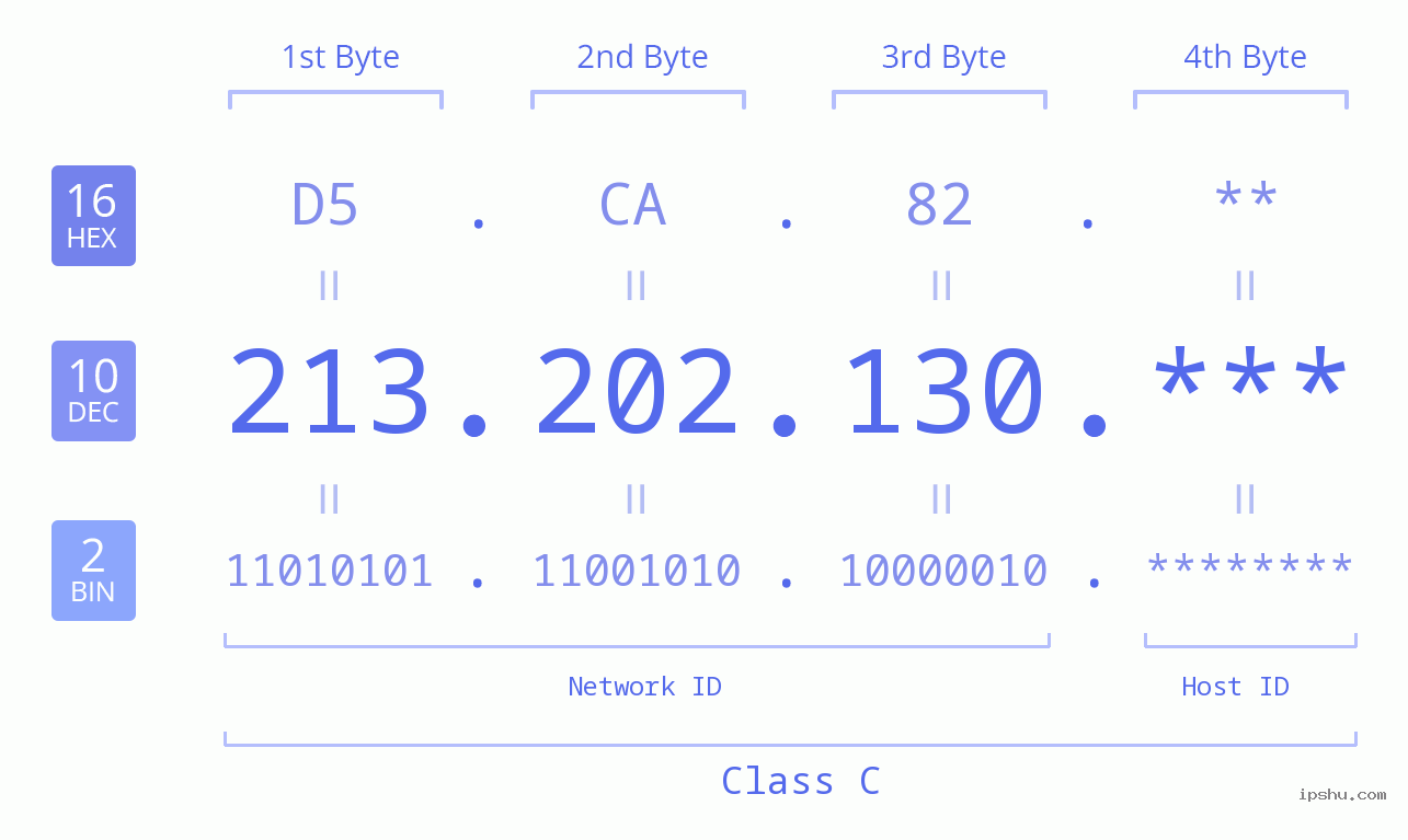 IP Address: 213.202.130 Data Structure Chart BIN DEC HEX IPv4: 213.202.130 Network Class, Net ID, Host ID