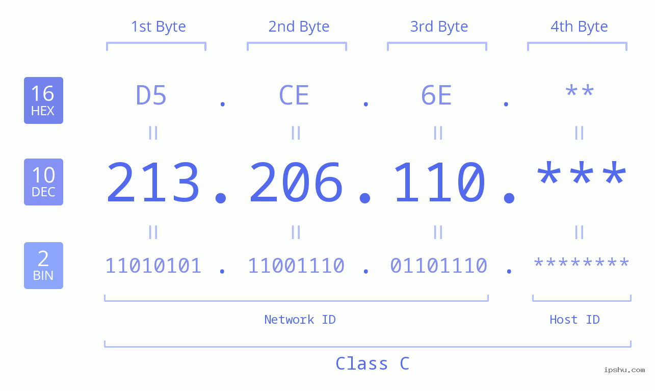 IP Address: 213.206.110 Data Structure Chart BIN DEC HEX IPv4: 213.206.110 Network Class, Net ID, Host ID