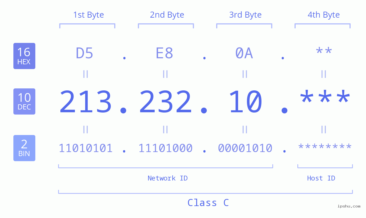 IP Address: 213.232.10 Data Structure Chart BIN DEC HEX IPv4: 213.232.10 Network Class, Net ID, Host ID