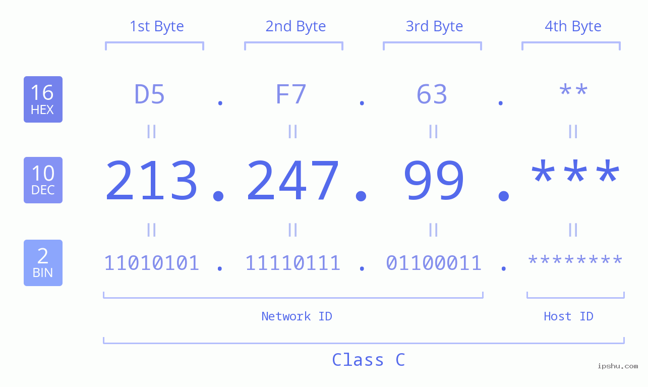 IP Address: 213.247.99 Data Structure Chart BIN DEC HEX IPv4: 213.247.99 Network Class, Net ID, Host ID