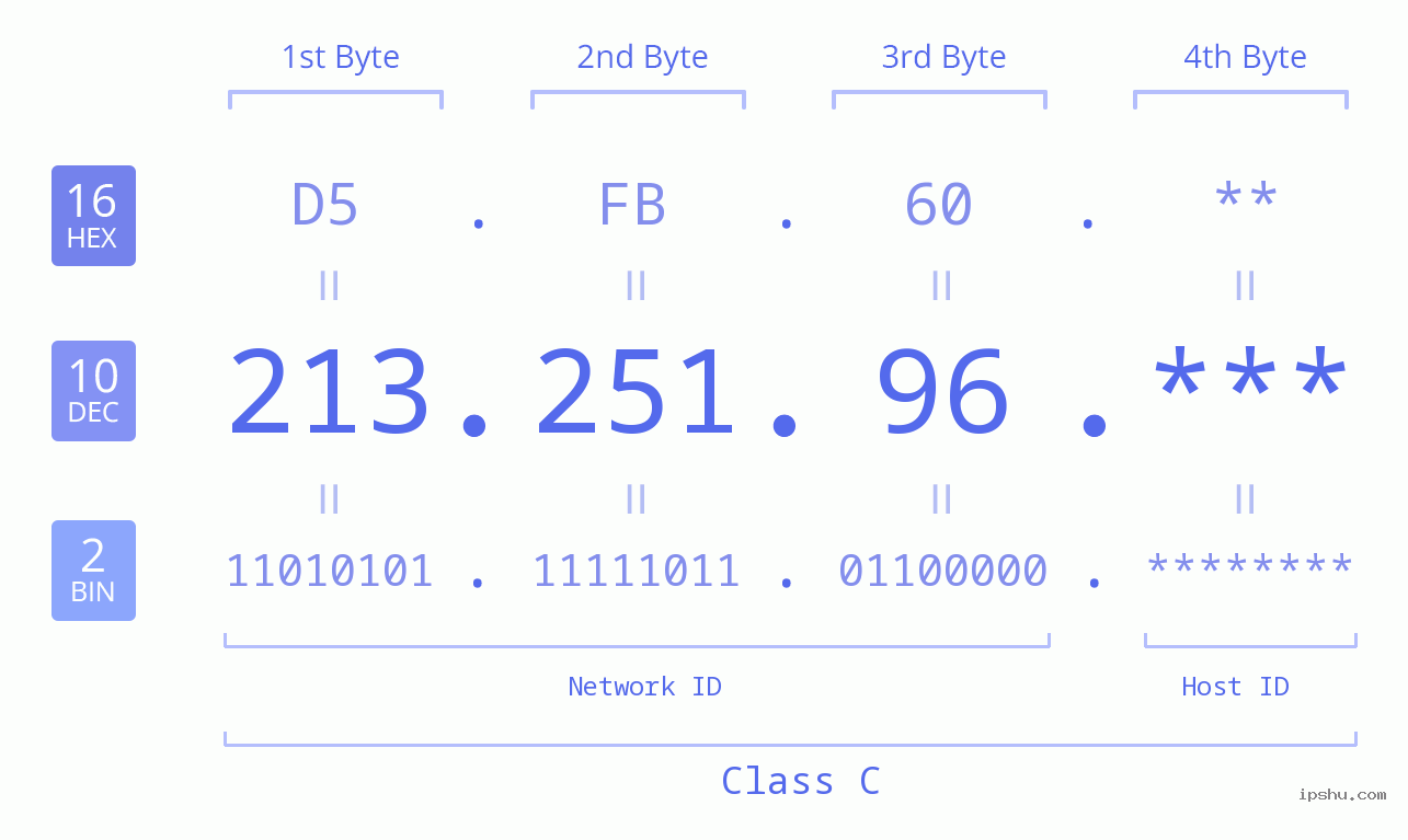 IP Address: 213.251.96 Data Structure Chart BIN DEC HEX IPv4: 213.251.96 Network Class, Net ID, Host ID