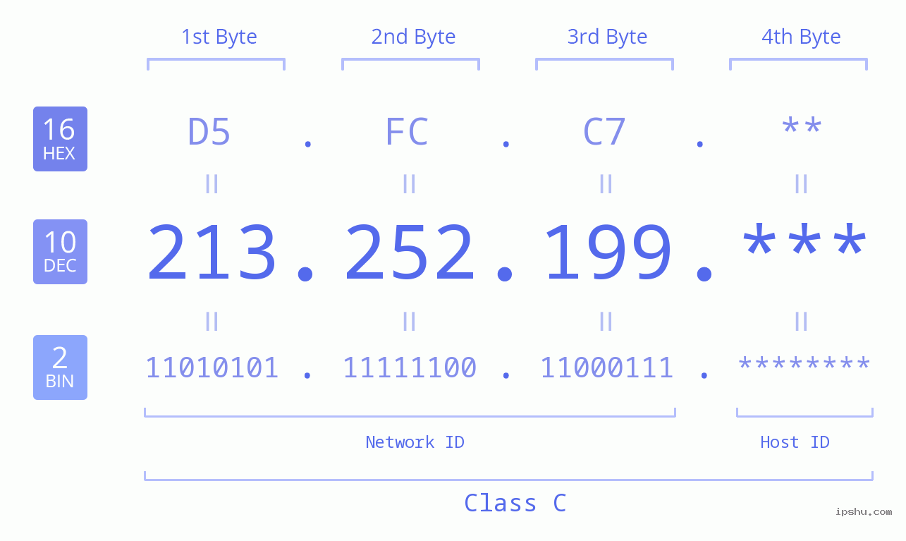 IP Address: 213.252.199 Data Structure Chart BIN DEC HEX IPv4: 213.252.199 Network Class, Net ID, Host ID