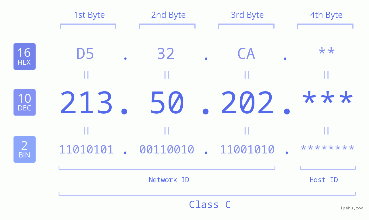 IP Address: 213.50.202 Data Structure Chart BIN DEC HEX IPv4: 213.50.202 Network Class, Net ID, Host ID
