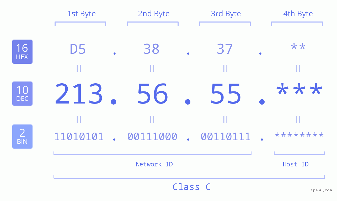 IP Address: 213.56.55 Data Structure Chart BIN DEC HEX IPv4: 213.56.55 Network Class, Net ID, Host ID
