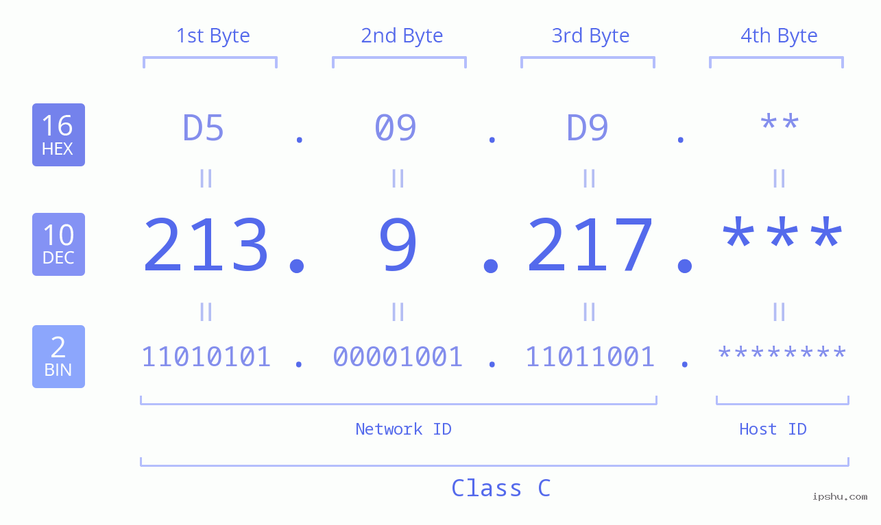 IP Address: 213.9.217 Data Structure Chart BIN DEC HEX IPv4: 213.9.217 Network Class, Net ID, Host ID
