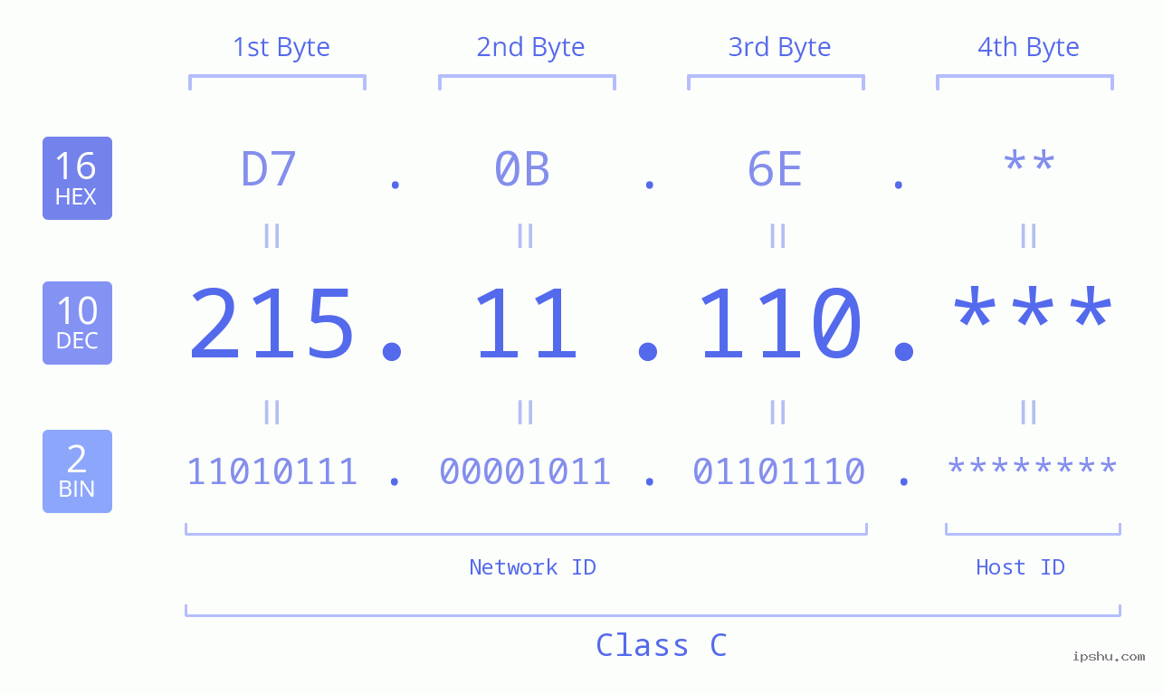 IP Address: 215.11.110 Data Structure Chart BIN DEC HEX IPv4: 215.11.110 Network Class, Net ID, Host ID