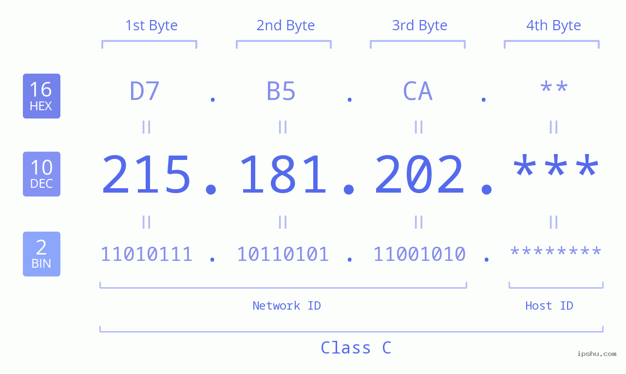 IP Address: 215.181.202 Data Structure Chart BIN DEC HEX IPv4: 215.181.202 Network Class, Net ID, Host ID