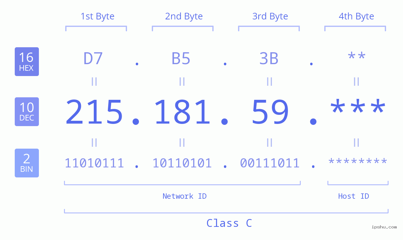 IP Address: 215.181.59 Data Structure Chart BIN DEC HEX IPv4: 215.181.59 Network Class, Net ID, Host ID