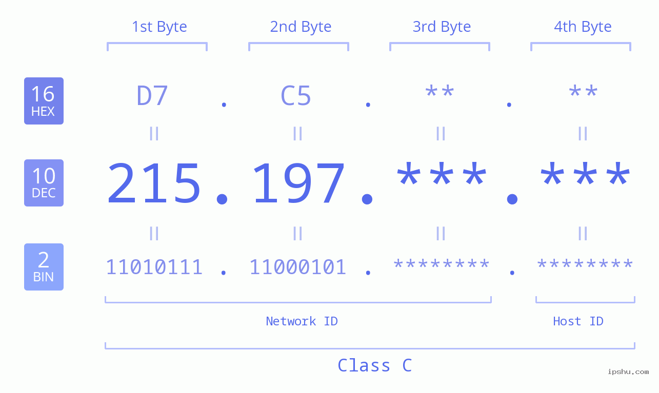 IP Address: 215.197 Data Structure Chart BIN DEC HEX IPv4: 215.197 Network Class, Net ID, Host ID