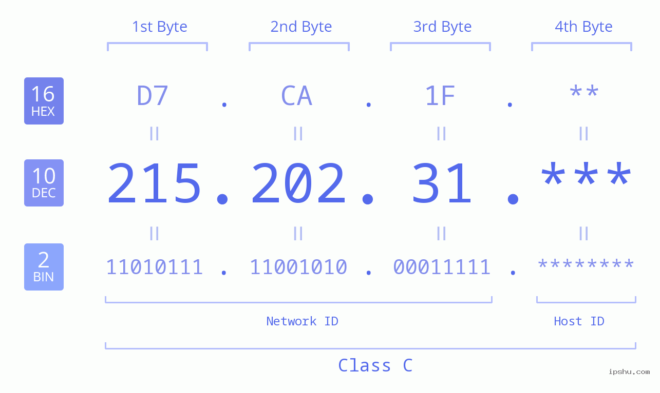IP Address: 215.202.31 Data Structure Chart BIN DEC HEX IPv4: 215.202.31 Network Class, Net ID, Host ID