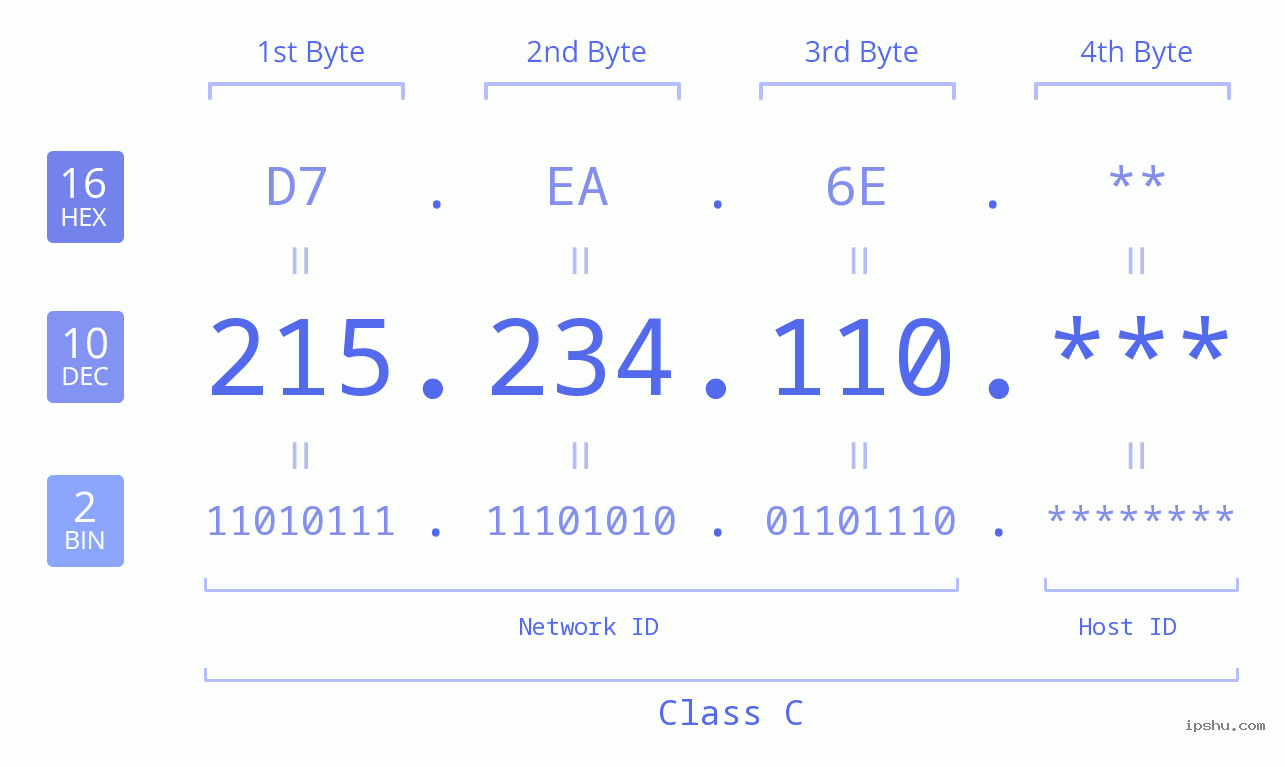 IP Address: 215.234.110 Data Structure Chart BIN DEC HEX IPv4: 215.234.110 Network Class, Net ID, Host ID