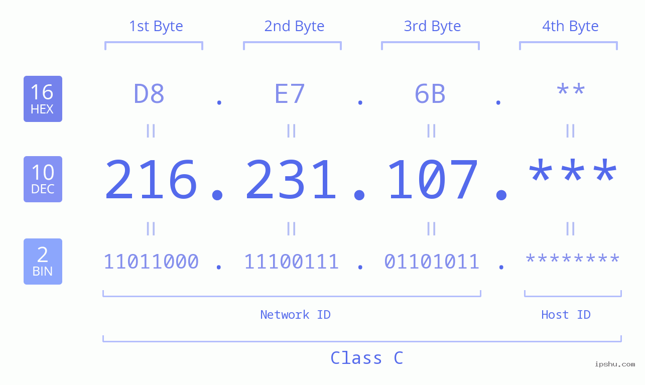 IP Address: 216.231.107 Data Structure Chart BIN DEC HEX IPv4: 216.231.107 Network Class, Net ID, Host ID