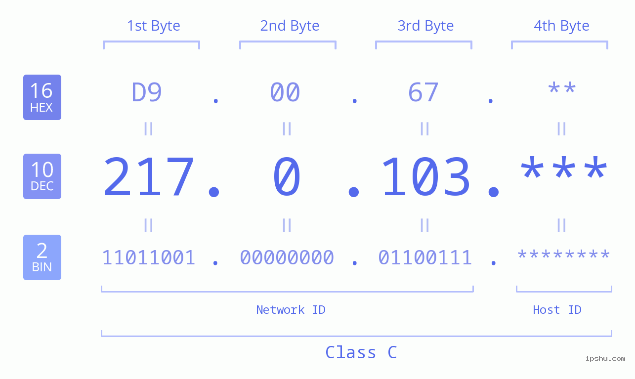 IP Address: 217.0.103 Data Structure Chart BIN DEC HEX IPv4: 217.0.103 Network Class, Net ID, Host ID