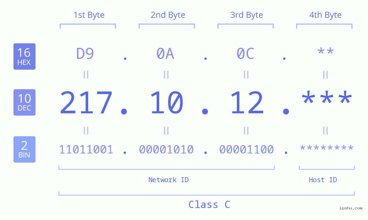 IP Address: 217.10.12 Data Structure Chart BIN DEC HEX IPv4: 217.10.12 Network Class, Net ID, Host ID