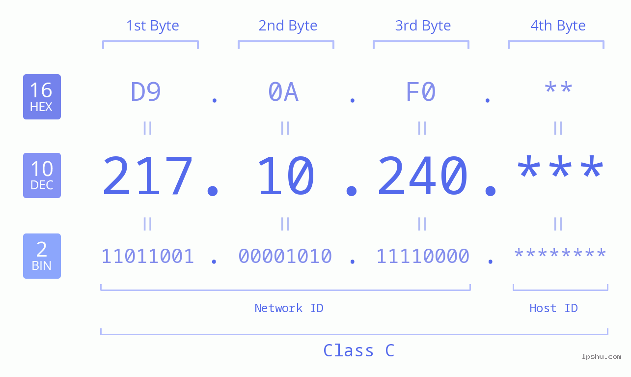 IP Address: 217.10.240 Data Structure Chart BIN DEC HEX IPv4: 217.10.240 Network Class, Net ID, Host ID
