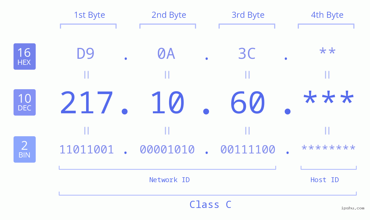 IP Address: 217.10.60 Data Structure Chart BIN DEC HEX IPv4: 217.10.60 Network Class, Net ID, Host ID