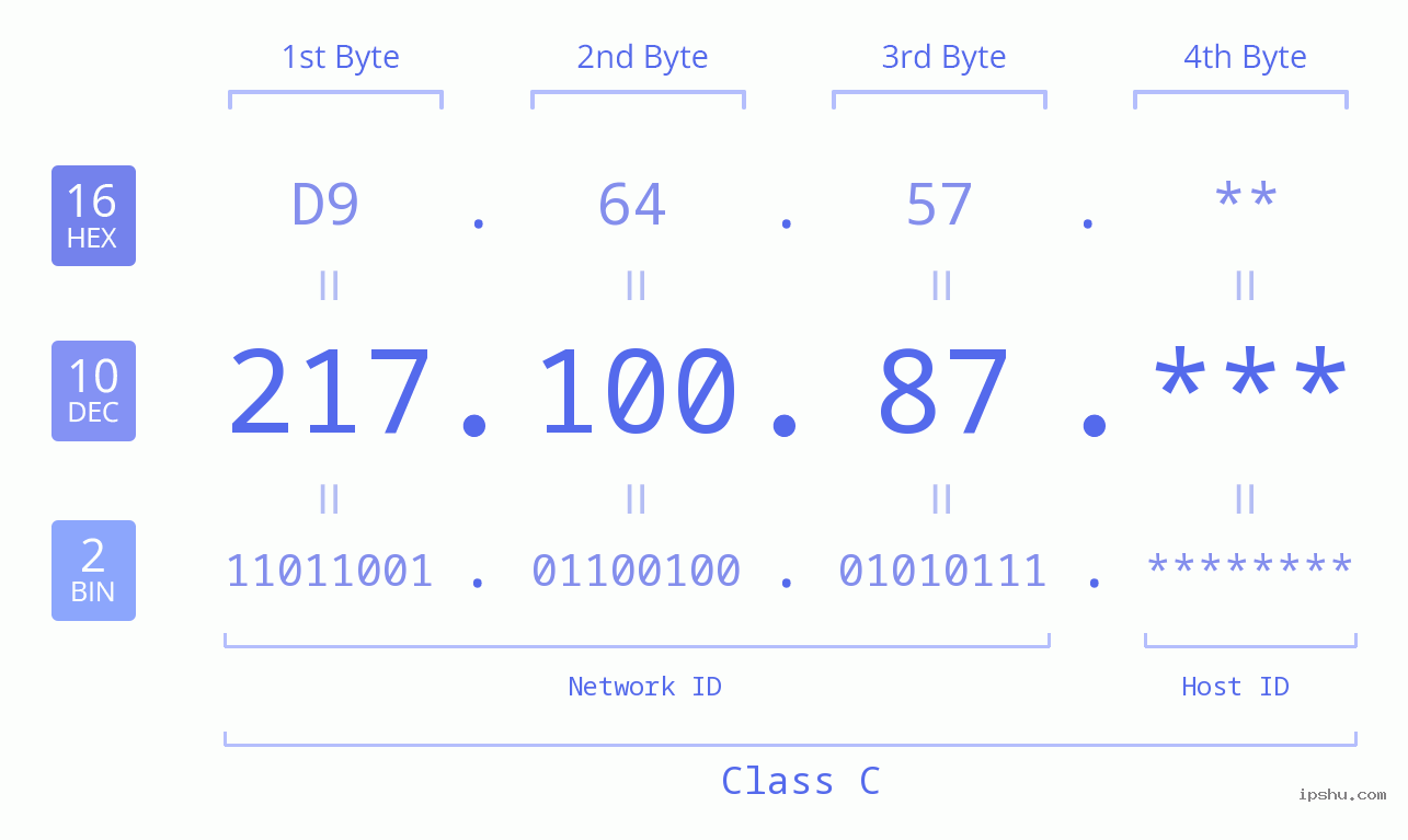 IP Address: 217.100.87 Data Structure Chart BIN DEC HEX IPv4: 217.100.87 Network Class, Net ID, Host ID