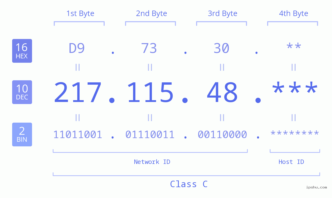 IP Address: 217.115.48 Data Structure Chart BIN DEC HEX IPv4: 217.115.48 Network Class, Net ID, Host ID