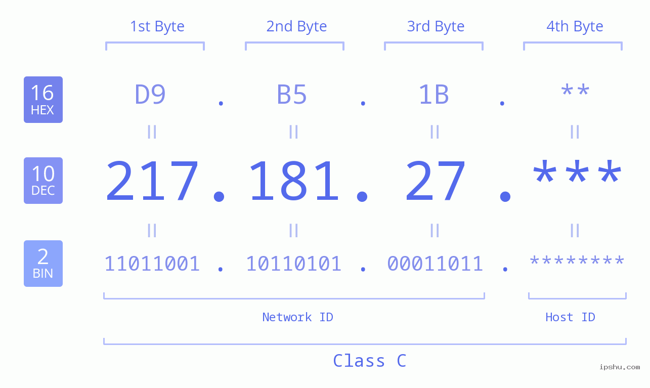 IP Address: 217.181.27 Data Structure Chart BIN DEC HEX IPv4: 217.181.27 Network Class, Net ID, Host ID