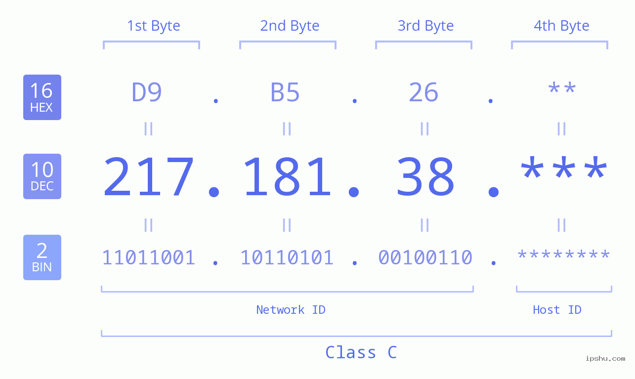 IP Address: 217.181.38 Data Structure Chart BIN DEC HEX IPv4: 217.181.38 Network Class, Net ID, Host ID