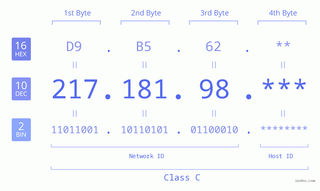 IP Address: 217.181.98 Data Structure Chart BIN DEC HEX IPv4: 217.181.98 Network Class, Net ID, Host ID