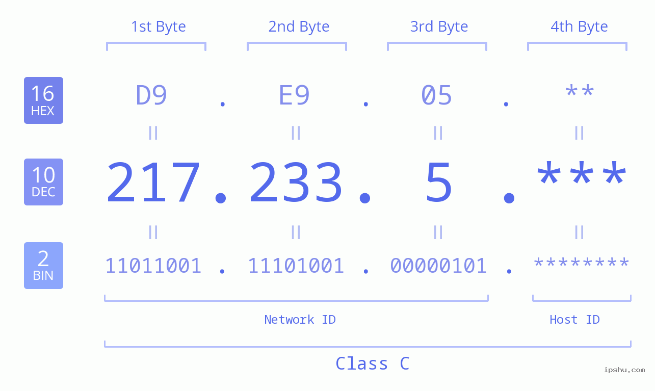 IP Address: 217.233.5 Data Structure Chart BIN DEC HEX IPv4: 217.233.5 Network Class, Net ID, Host ID