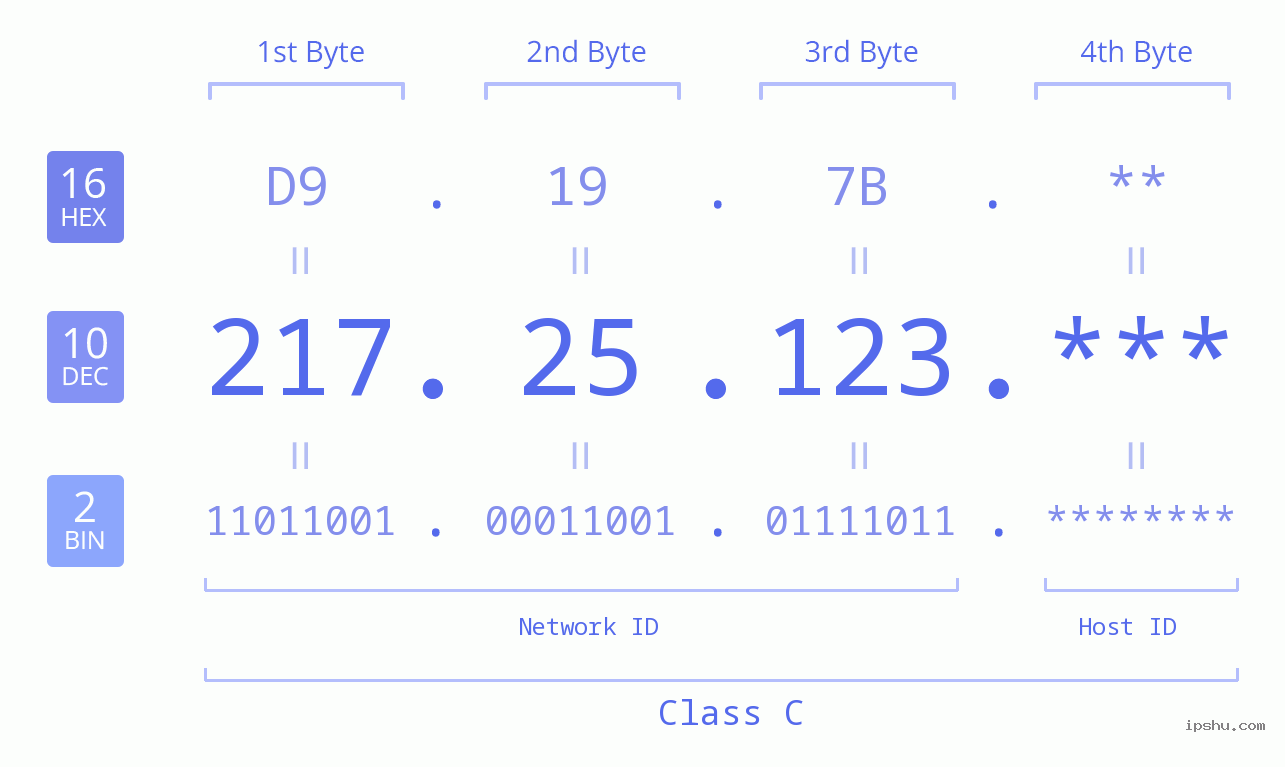 IP Address: 217.25.123 Data Structure Chart BIN DEC HEX IPv4: 217.25.123 Network Class, Net ID, Host ID