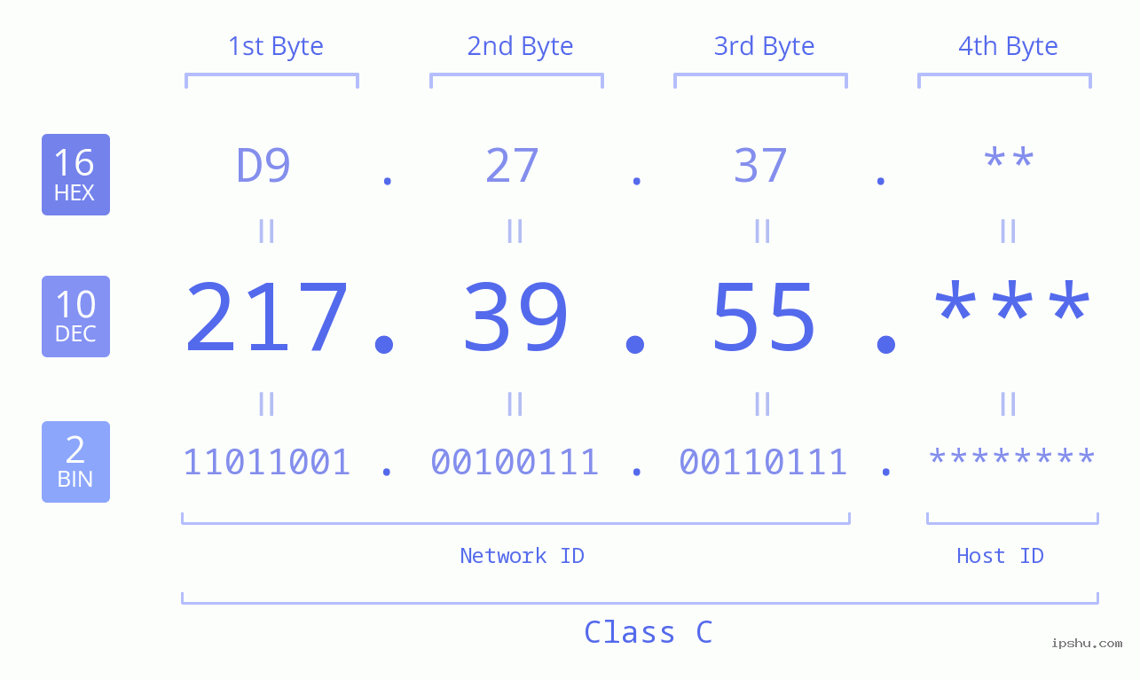 IP Address: 217.39.55 Data Structure Chart BIN DEC HEX IPv4: 217.39.55 Network Class, Net ID, Host ID