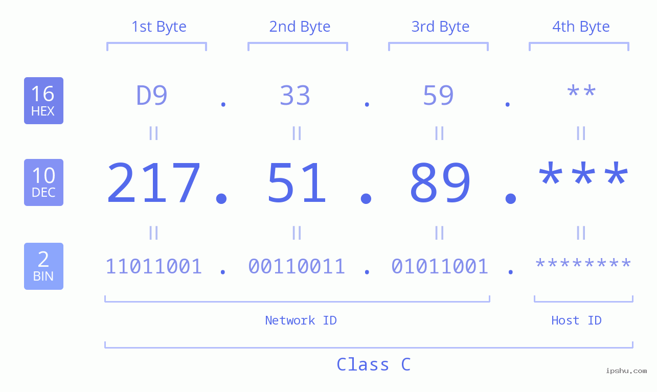 IP Address: 217.51.89 Data Structure Chart BIN DEC HEX IPv4: 217.51.89 Network Class, Net ID, Host ID